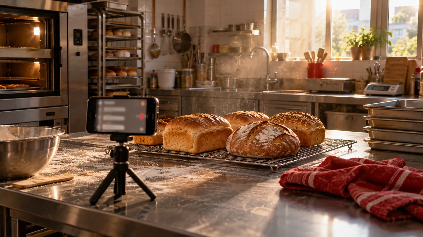 Ponsel di tripod kecil merekam roti segar di meja toko roti untuk video media sosial singkat.
