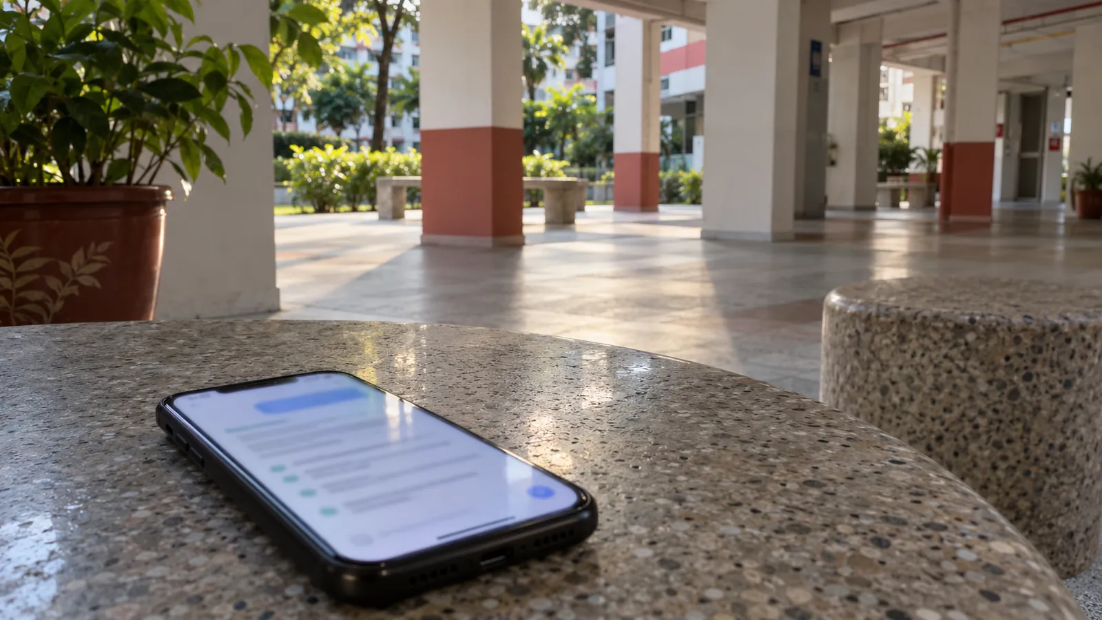 Ponsel di meja void deck HDB yang sepi menampilkan jawaban asisten AI yang merekomendasikan bisnis lokal.