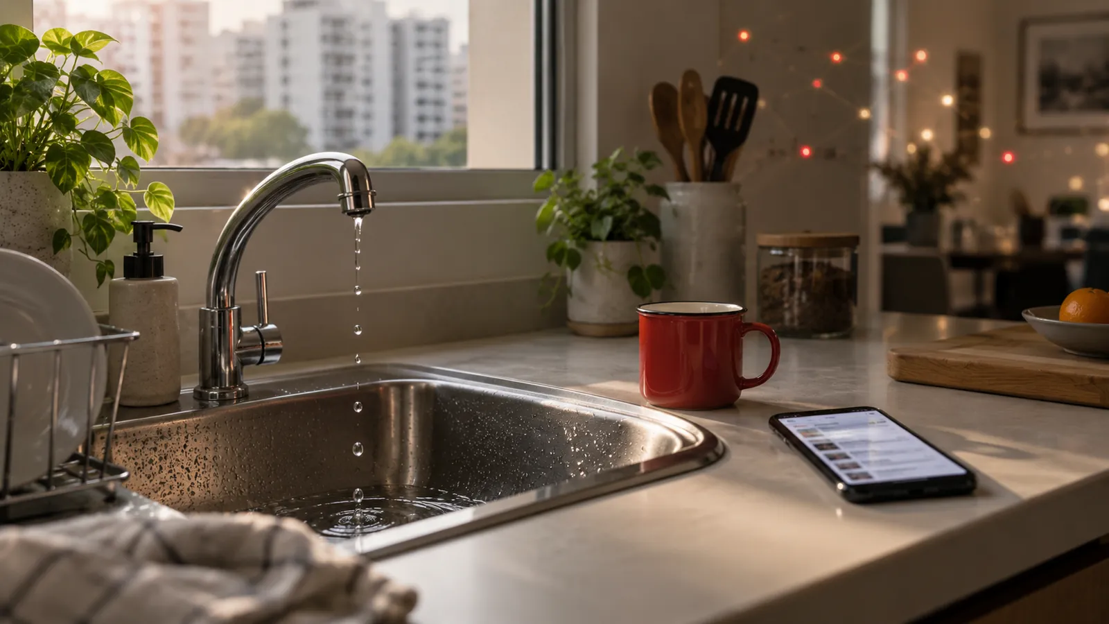 Ponsel tergeletak di samping keran dapur yang menetes di flat HDB Singapura, saat pemilik rumah mulai mencari bantuan lokal.