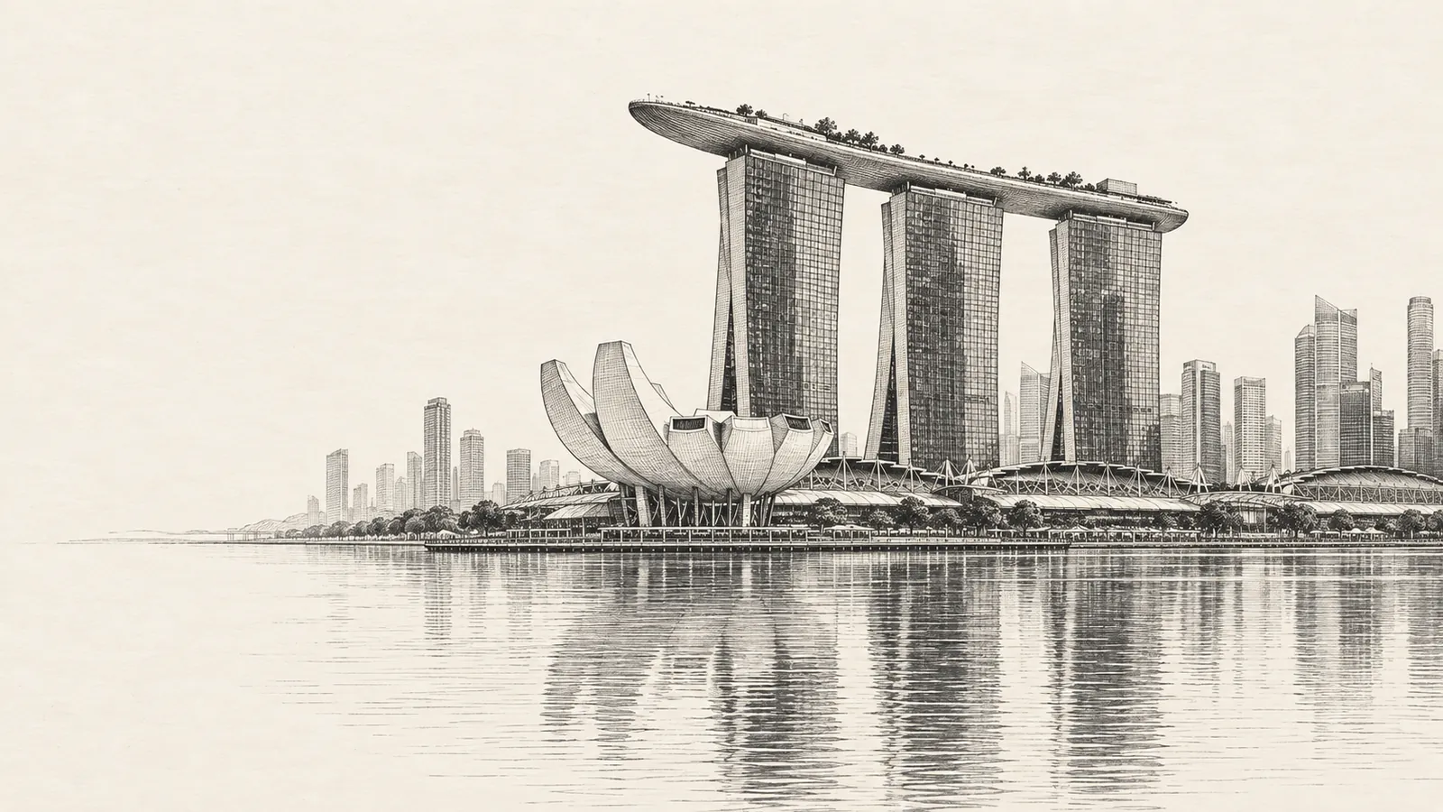 Sketsa tinta Marina Bay Sands dan ArtScience Museum di seberang air yang tenang di Singapura, di atas kertas gading.