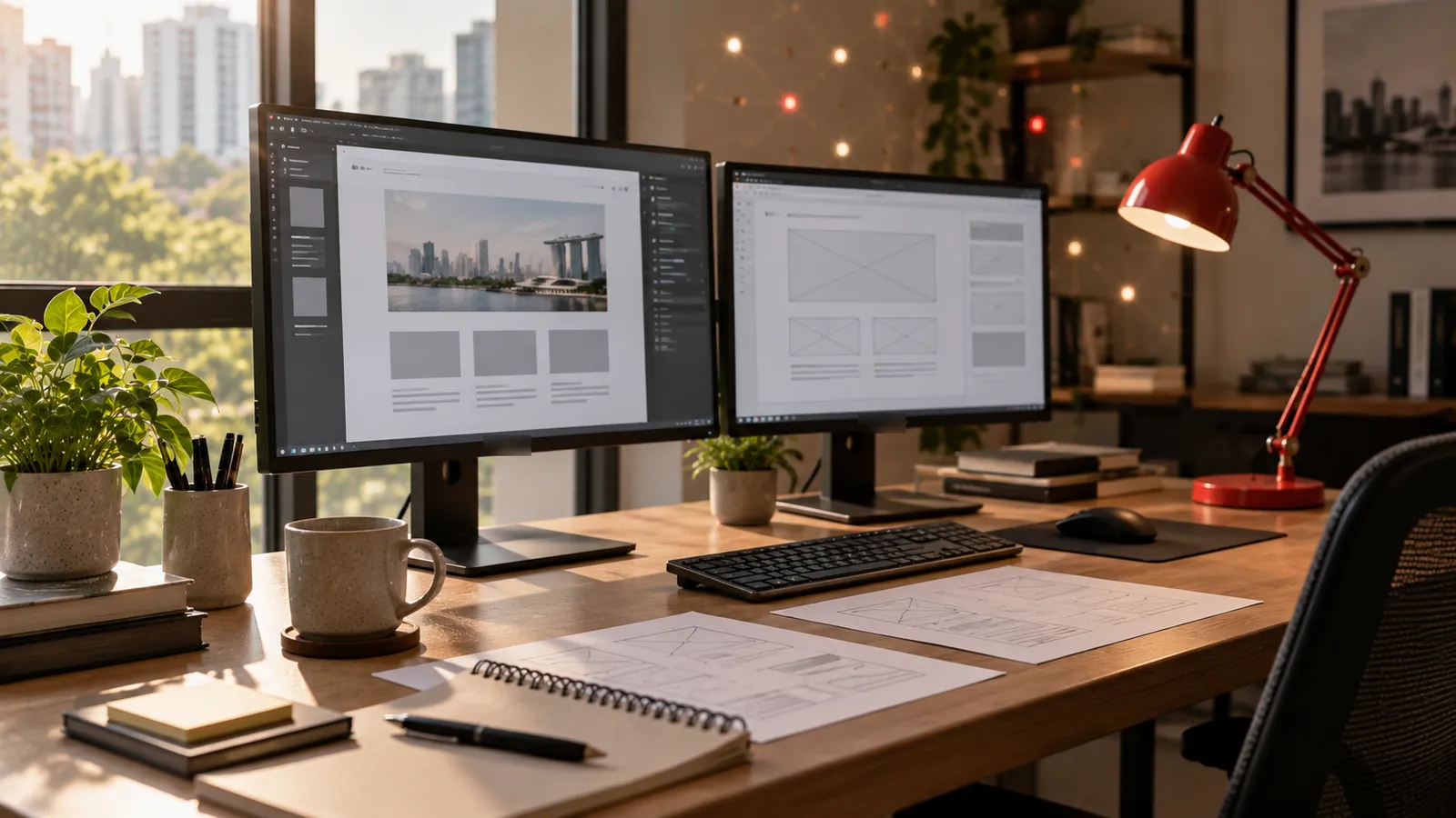 Dua monitor menampilkan tata letak halaman web dan wireframe di samping sketsa kertas dan lampu meja merah, siap diperbaiki dan diterbitkan.